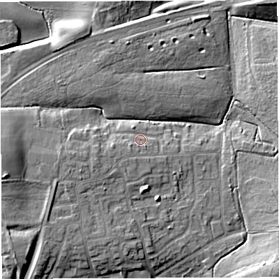 Shaded relief map of the ground around WN72YH, computed from Environment Agency LiDAR. The ground here sits at about 29 m above sea level and falls 13 m across the surrounding 800 m. Surface water reaching this point runs off ground lying to the west-south-west, 3.3 m higher.