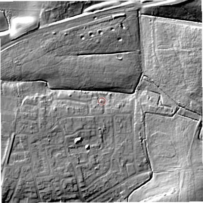 Shaded relief map of the ground around WN72YL, computed from Environment Agency LiDAR. The ground here sits at about 28 m above sea level and falls 15 m across the surrounding 800 m. Surface water reaching this point runs off ground lying to the east-north-east, 10.8 m higher.