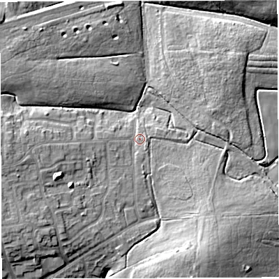 Shaded relief map of the ground around WN72YN, computed from Environment Agency LiDAR. The ground here sits at about 29 m above sea level and falls 16 m across the surrounding 800 m. Surface water reaching this point runs off ground lying to the west-south-west, 4.8 m higher.