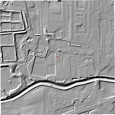 Shaded relief map of the ground around WN73FY, computed from Environment Agency LiDAR. The ground here sits at about 17 m above sea level and falls 10 m across the surrounding 800 m. Surface water reaching this point runs off ground lying to the north-west, 2.3 m higher.