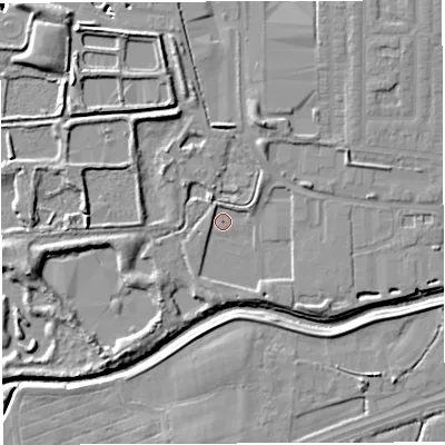 Shaded relief map of the ground around WN73FZ, computed from Environment Agency LiDAR. The ground here sits at about 16 m above sea level and falls 11 m across the surrounding 800 m. Surface water reaching this point runs off ground lying to the south-south-east, 2.0 m higher.