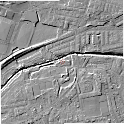 Shaded relief map of the ground around WN73JD, computed from Environment Agency LiDAR. The ground here sits at about 18 m above sea level and falls 10 m across the surrounding 800 m. Surface water reaching this point runs off ground lying to the north-north-west, 3.7 m higher.