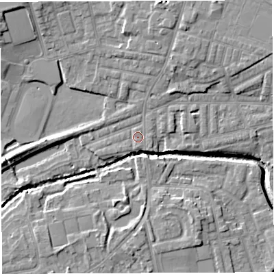 Shaded relief map of the ground around WN73JE, computed from Environment Agency LiDAR. The ground here sits at about 19 m above sea level and falls 12 m across the surrounding 800 m. Surface water reaching this point runs off ground lying to the north-north-east, 5.9 m higher.