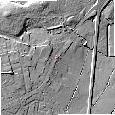 Shaded relief map of the ground around WN73PA, computed from Environment Agency LiDAR. The ground here sits at about 19 m above sea level and falls 19 m across the surrounding 800 m. Surface water reaching this point runs off ground lying to the west-south-west, 5.7 m higher.