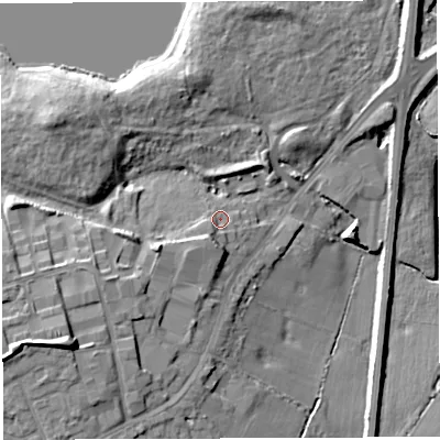 Shaded relief map of the ground around WN73PB, computed from Environment Agency LiDAR. The ground here sits at about 19 m above sea level and falls 19 m across the surrounding 800 m. Surface water reaching this point runs off ground lying to the south-west, 4.2 m higher.