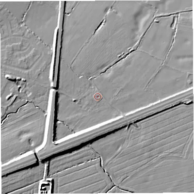 Shaded relief map of the ground around WN73RZ, computed from Environment Agency LiDAR. The ground here sits at about 21 m above sea level and falls 13 m across the surrounding 800 m. Surface water reaching this point runs off ground lying to the south-west, 8.9 m higher.