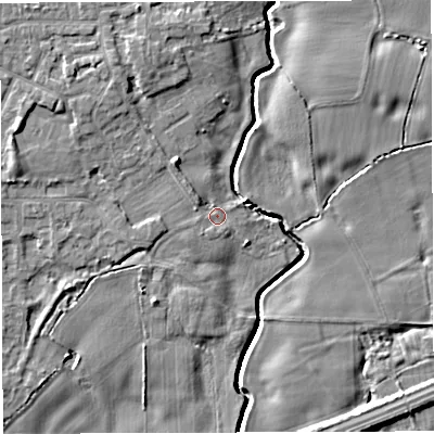 Shaded relief map of the ground around WN73SA, computed from Environment Agency LiDAR. The ground here sits at about 19 m above sea level and falls 9 m across the surrounding 800 m. Surface water reaching this point runs off ground lying to the north-west, 1.9 m higher.