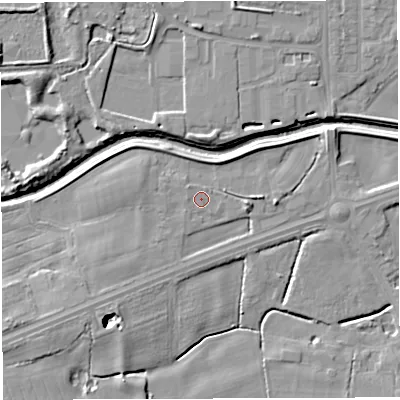 Shaded relief map of the ground around WN73SE, computed from Environment Agency LiDAR. The ground here sits at about 15 m above sea level and falls 12 m across the surrounding 800 m. Surface water reaching this point runs off ground lying to the north-west, 1.1 m higher.