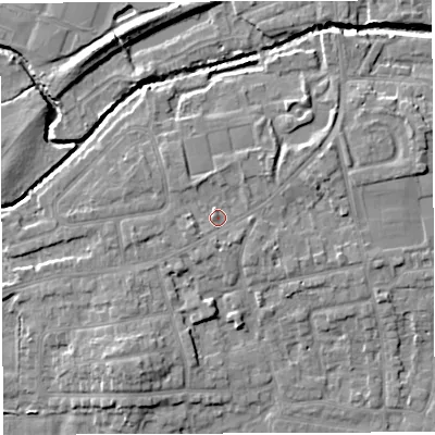 Shaded relief map of the ground around WN73UA, computed from Environment Agency LiDAR. The ground here sits at about 19 m above sea level and falls 8 m across the surrounding 800 m. Surface water reaching this point runs off ground lying to the south-east, 1.0 m higher.