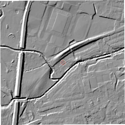 Shaded relief map of the ground around WN73UP, computed from Environment Agency LiDAR. The ground here sits at about 18 m above sea level and falls 8 m across the surrounding 800 m. Surface water reaching this point runs off ground lying to the north-north-west, 3.3 m higher.