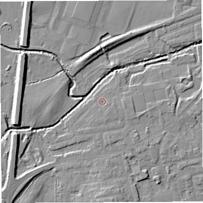Shaded relief map of the ground around WN73UQ, computed from Environment Agency LiDAR. The ground here sits at about 19 m above sea level and falls 8 m across the surrounding 800 m. Surface water reaching this point runs off ground lying to the south-south-east, 1.0 m higher.