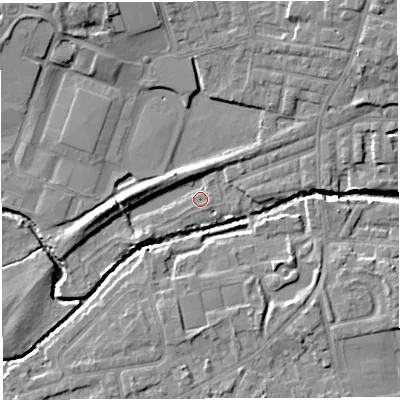 Shaded relief map of the ground around WN73UR, computed from Environment Agency LiDAR. The ground here sits at about 17 m above sea level and falls 10 m across the surrounding 800 m. Surface water reaching this point runs off ground lying to the north-north-east, 1.4 m higher.
