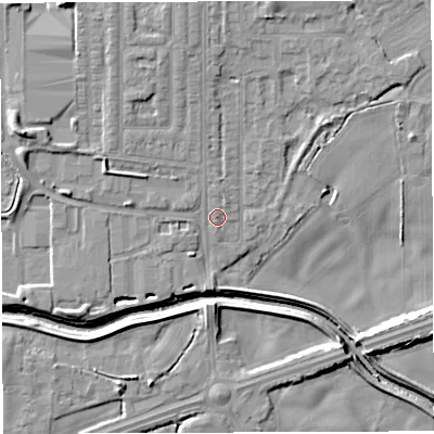 Shaded relief map of the ground around WN73XG, computed from Environment Agency LiDAR. The ground here sits at about 17 m above sea level and falls 10 m across the surrounding 800 m. Surface water reaching this point runs off ground lying to the north, 2.0 m higher.