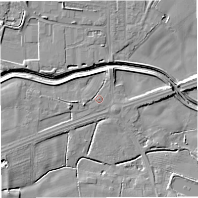 Shaded relief map of the ground around WN73XQ, computed from Environment Agency LiDAR. The ground here sits at about 15 m above sea level and falls 11 m across the surrounding 800 m. Surface water reaching this point runs off ground lying to the west, 1.5 m higher.