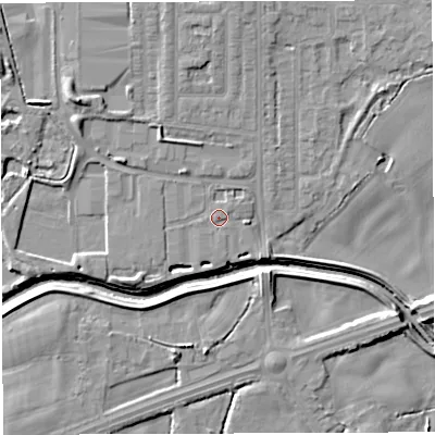 Shaded relief map of the ground around WN73XZ, computed from Environment Agency LiDAR. The ground here sits at about 17 m above sea level and falls 9 m across the surrounding 800 m. Surface water reaching this point runs off ground lying to the north-west, 5.7 m higher.
