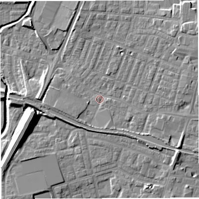 Shaded relief map of the ground around WN74DW, computed from Environment Agency LiDAR. The ground here sits at about 24 m above sea level and falls 13 m across the surrounding 800 m. Surface water reaching this point runs off ground lying to the south-east, 4.6 m higher.