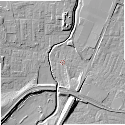 Shaded relief map of the ground around WN74EH, computed from Environment Agency LiDAR. The ground here sits at about 23 m above sea level and falls 15 m across the surrounding 800 m. Surface water reaching this point runs off ground lying to the south-south-east, 2.3 m higher.
