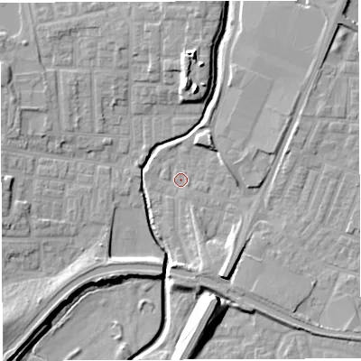 Shaded relief map of the ground around WN74EL, computed from Environment Agency LiDAR. The ground here sits at about 23 m above sea level and falls 15 m across the surrounding 800 m. Surface water reaching this point runs off ground lying to the south-south-east, 6.8 m higher.