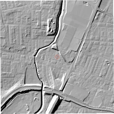 Shaded relief map of the ground around WN74EP, computed from Environment Agency LiDAR. The ground here sits at about 23 m above sea level and falls 14 m across the surrounding 800 m. Surface water reaching this point runs off ground lying to the south, 6.5 m higher.
