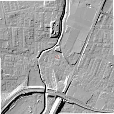 Shaded relief map of the ground around WN74ER, computed from Environment Agency LiDAR. The ground here sits at about 23 m above sea level and falls 14 m across the surrounding 800 m. Surface water reaching this point runs off ground lying to the south, 6.5 m higher.