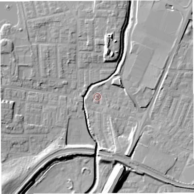 Shaded relief map of the ground around WN74ES, computed from Environment Agency LiDAR. The ground here sits at about 23 m above sea level and falls 14 m across the surrounding 800 m. Surface water reaching this point runs off ground lying to the south-south-east, 6.8 m higher.