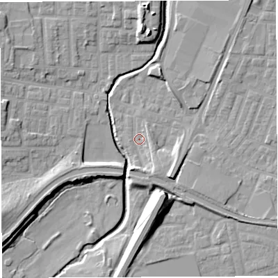 Shaded relief map of the ground around WN74ET, computed from Environment Agency LiDAR. The ground here sits at about 23 m above sea level and falls 15 m across the surrounding 800 m. Surface water reaching this point runs off ground lying to the south-east, 2.8 m higher.