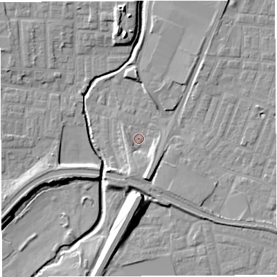 Shaded relief map of the ground around WN74EW, computed from Environment Agency LiDAR. The ground here sits at about 23 m above sea level and falls 15 m across the surrounding 800 m. Surface water reaching this point runs off ground lying to the south-south-east, 6.0 m higher.