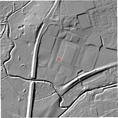 Shaded relief map of the ground around WN74JY, computed from Environment Agency LiDAR. The ground here sits at about 19 m above sea level and falls 10 m across the surrounding 800 m. Surface water reaching this point runs off ground lying to the north, 4.6 m higher.