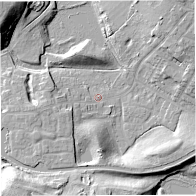 Shaded relief map of the ground around WN74QE, computed from Environment Agency LiDAR. The ground here sits at about 20 m above sea level and falls 23 m across the surrounding 800 m. Surface water reaching this point runs off ground lying to the west-south-west, 6.8 m higher.