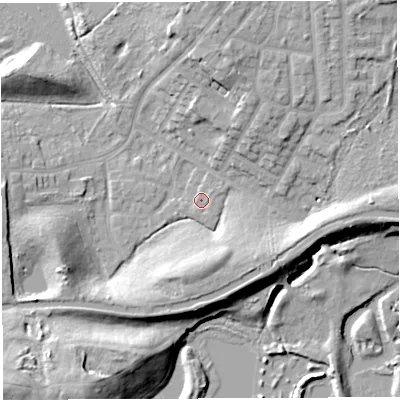 Shaded relief map of the ground around WN74QG, computed from Environment Agency LiDAR. The ground here sits at about 20 m above sea level and falls 17 m across the surrounding 800 m. Surface water reaching this point runs off ground lying to the east-north-east, 1.2 m higher.