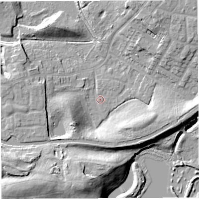 Shaded relief map of the ground around WN74QJ, computed from Environment Agency LiDAR. The ground here sits at about 19 m above sea level and falls 17 m across the surrounding 800 m. Surface water reaching this point runs off ground lying to the south-west, 9.3 m higher.