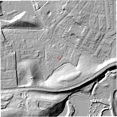 Shaded relief map of the ground around WN74QL, computed from Environment Agency LiDAR. The ground here sits at about 20 m above sea level and falls 17 m across the surrounding 800 m. Surface water reaching this point runs off ground lying to the east, 1.6 m higher.