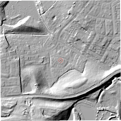 Shaded relief map of the ground around WN74QN, computed from Environment Agency LiDAR. The ground here sits at about 20 m above sea level and falls 17 m across the surrounding 800 m. Surface water reaching this point runs off ground lying to the west-south-west, 0.7 m higher.
