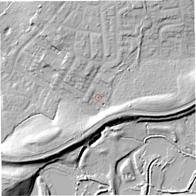 Shaded relief map of the ground around WN74QQ, computed from Environment Agency LiDAR. The ground here sits at about 22 m above sea level and falls 14 m across the surrounding 800 m. Surface water reaching this point runs off ground lying to the north-north-west, 2.2 m higher.