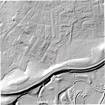 Shaded relief map of the ground around WN74QU, computed from Environment Agency LiDAR. The ground here sits at about 23 m above sea level and falls 15 m across the surrounding 800 m. Surface water reaching this point runs off ground lying to the north-north-east, 7.8 m higher.