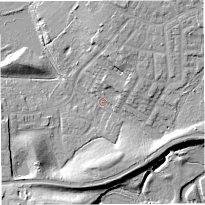 Shaded relief map of the ground around WN74QW, computed from Environment Agency LiDAR. The ground here sits at about 20 m above sea level and falls 15 m across the surrounding 800 m. Surface water reaching this point runs off ground lying to the north-north-east, 8.8 m higher.