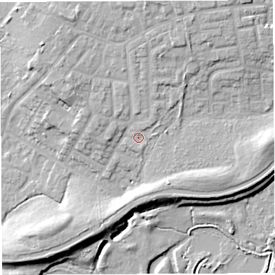 Shaded relief map of the ground around WN74QX, computed from Environment Agency LiDAR. The ground here sits at about 24 m above sea level and falls 15 m across the surrounding 800 m. Surface water reaching this point runs off ground lying to the north-north-east, 0.9 m higher.