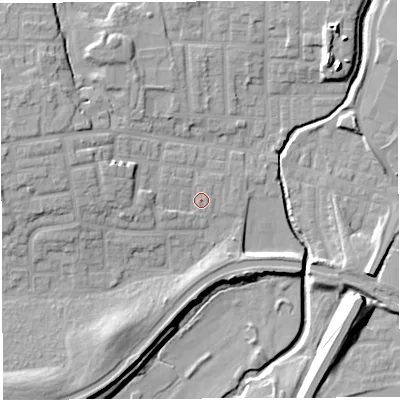 Shaded relief map of the ground around WN74RY, computed from Environment Agency LiDAR. The ground here sits at about 24 m above sea level and falls 15 m across the surrounding 800 m. Surface water reaching this point runs off ground lying to the west, 3.1 m higher.