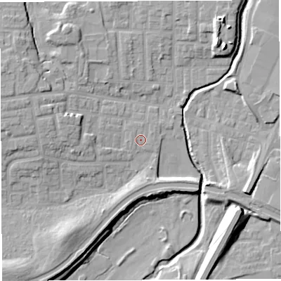 Shaded relief map of the ground around WN74RZ, computed from Environment Agency LiDAR. The ground here sits at about 24 m above sea level and falls 15 m across the surrounding 800 m. Surface water reaching this point runs off ground lying to the west, 0.8 m higher.