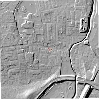 Shaded relief map of the ground around WN74SA, computed from Environment Agency LiDAR. The ground here sits at about 24 m above sea level and falls 14 m across the surrounding 800 m. Surface water reaching this point runs off ground lying to the west-north-west, 8.0 m higher.