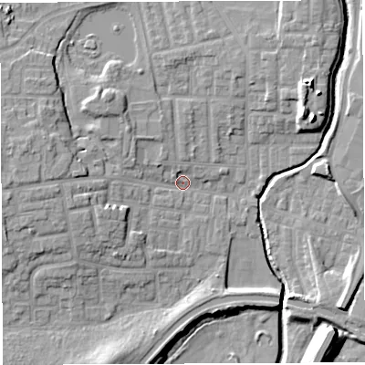 Shaded relief map of the ground around WN74SB, computed from Environment Agency LiDAR. The ground here sits at about 24 m above sea level and falls 14 m across the surrounding 800 m. Surface water reaching this point runs off ground lying to the west-north-west, 7.9 m higher.