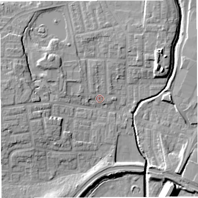 Shaded relief map of the ground around WN74SF, computed from Environment Agency LiDAR. The ground here sits at about 25 m above sea level and falls 14 m across the surrounding 800 m. Surface water reaching this point runs off ground lying to the west-north-west, 3.6 m higher.