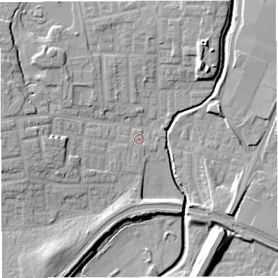 Shaded relief map of the ground around WN74SL, computed from Environment Agency LiDAR. The ground here sits at about 23 m above sea level and falls 15 m across the surrounding 800 m. Surface water reaching this point runs off ground lying to the south-west, 1.3 m higher.