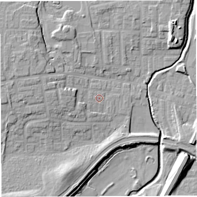 Shaded relief map of the ground around WN74SR, computed from Environment Agency LiDAR. The ground here sits at about 25 m above sea level and falls 15 m across the surrounding 800 m. Surface water reaching this point runs off ground lying to the west-south-west, 3.1 m higher.