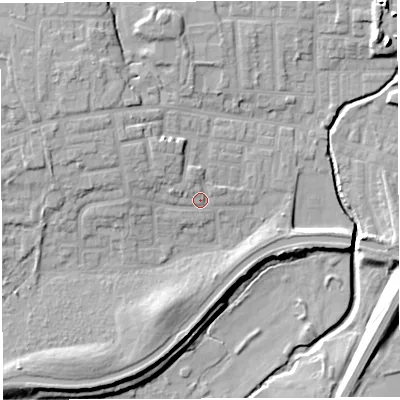 Shaded relief map of the ground around WN74SZ, computed from Environment Agency LiDAR. The ground here sits at about 25 m above sea level and falls 15 m across the surrounding 800 m. Surface water reaching this point runs off ground lying to the west-north-west, 5.8 m higher.