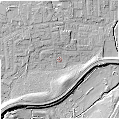 Shaded relief map of the ground around WN74TA, computed from Environment Agency LiDAR. The ground here sits at about 24 m above sea level and falls 15 m across the surrounding 800 m. Surface water reaching this point runs off ground lying to the north-north-west, 8.4 m higher.