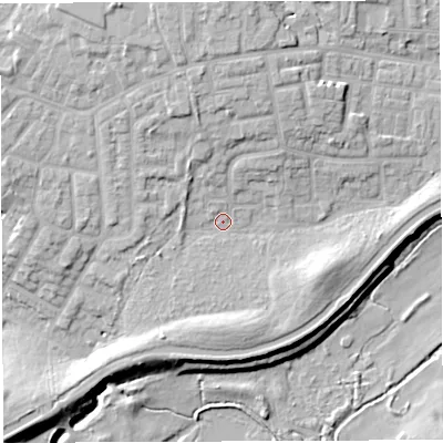 Shaded relief map of the ground around WN74TD, computed from Environment Agency LiDAR. The ground here sits at about 23 m above sea level and falls 15 m across the surrounding 800 m. Surface water reaching this point runs off ground lying to the north, 8.4 m higher.