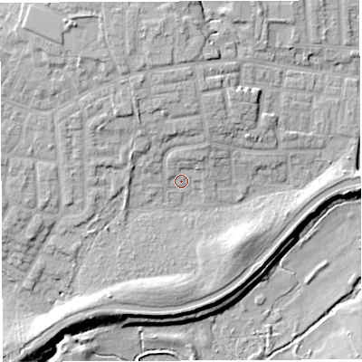 Shaded relief map of the ground around WN74TE, computed from Environment Agency LiDAR. The ground here sits at about 24 m above sea level and falls 15 m across the surrounding 800 m. Surface water reaching this point runs off ground lying to the north-north-west, 2.7 m higher.