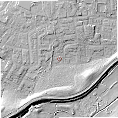 Shaded relief map of the ground around WN74TF, computed from Environment Agency LiDAR. The ground here sits at about 24 m above sea level and falls 15 m across the surrounding 800 m. Surface water reaching this point runs off ground lying to the north, 7.5 m higher.