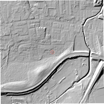 Shaded relief map of the ground around WN74UJ, computed from Environment Agency LiDAR. The ground here sits at about 24 m above sea level and falls 15 m across the surrounding 800 m. Surface water reaching this point runs off ground lying to the north-west, 8.4 m higher.